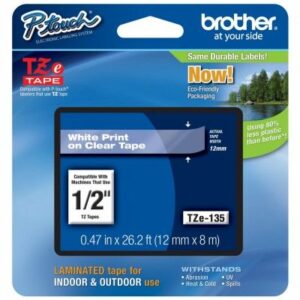 CINTA BROTHER TZES135 BLANCO SOBRE TRANSPARENTE 12 MM ERESISTENTE